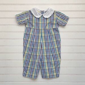 LE ZA ME EUC/LN Boys Colorful Gingham Peter Pan Collar Spring Bubble Romper